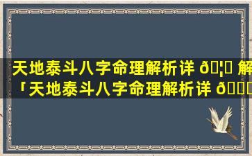 天地泰斗八字命理解析详 🦟 解「天地泰斗八字命理解析详 🐘 解大全」